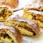 Stromboli filled with eggs, bacon and cheese.