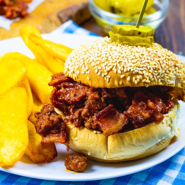 Brown Sugar Bacon Sloppy Joes on a plate with fries.