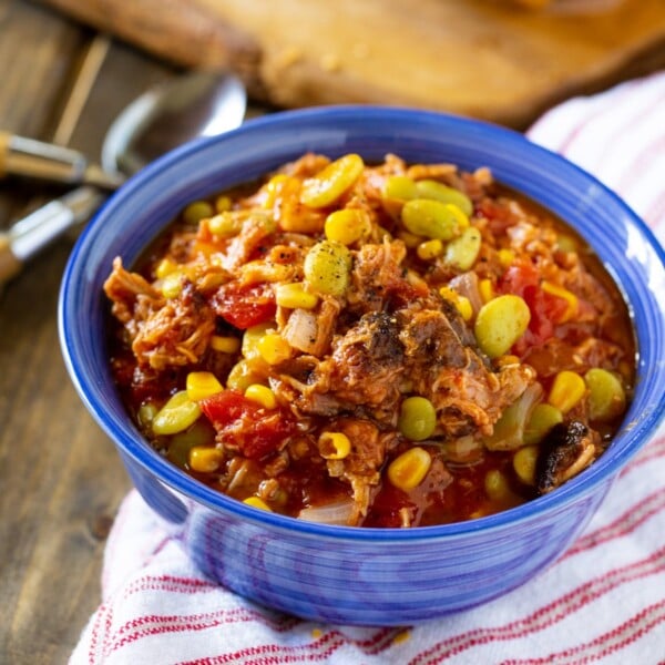 Easy Brunswick Stew in a blue bowl.