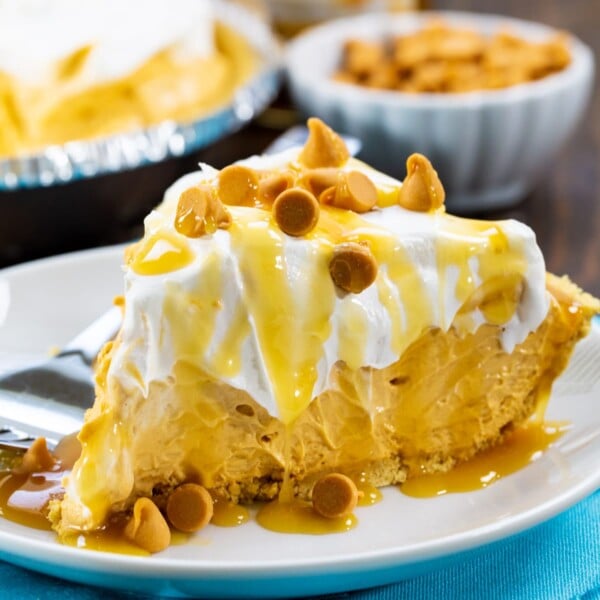 Slice of No-Bake Butterscotch Pie on a plate.