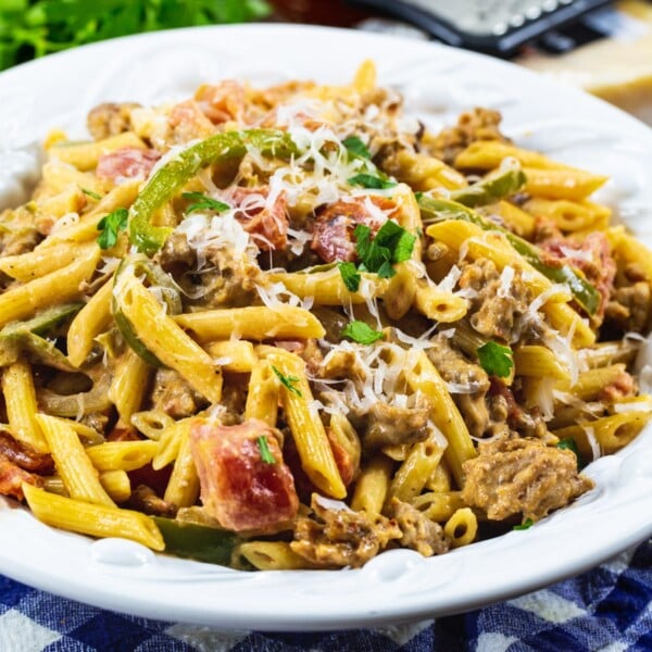 Creamy Cajun Sausage Pasta in a bowl.