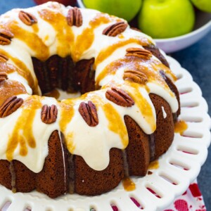 Caramel Apple Pound Cake on a cake stand.