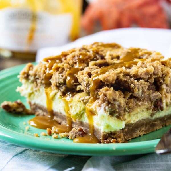 Caramel Apple Cheesecake Bar on a plate.