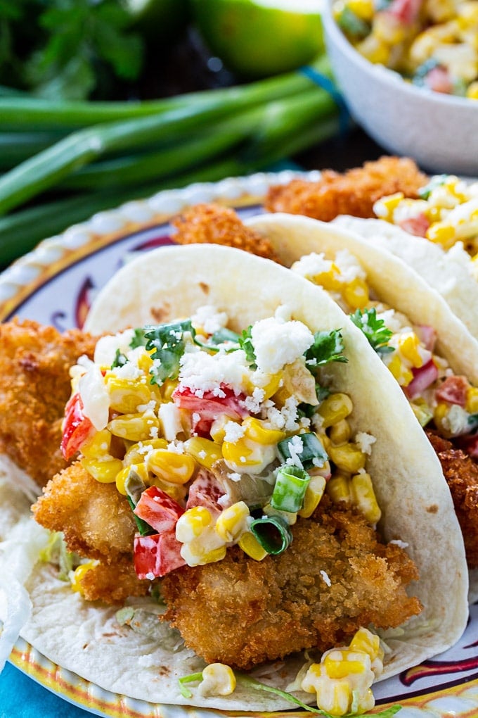 Crunchy Catfish Tacos with Tequila Creamed Corn - Spicy Southern Kitchen