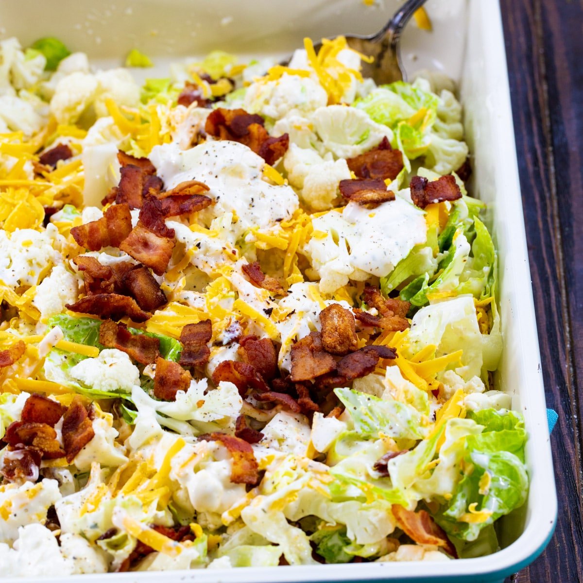 Bacon and Ranch Cauliflower Salad in a 9x13-inch pan.