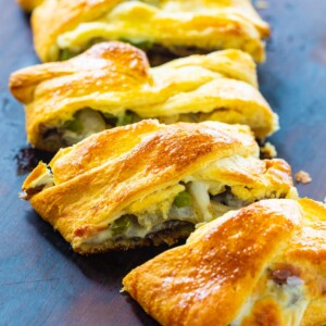 Cheesesteak Crescent Braid cut ito slices.