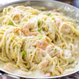 Pan full of Cheesy Shrimp Alfredo