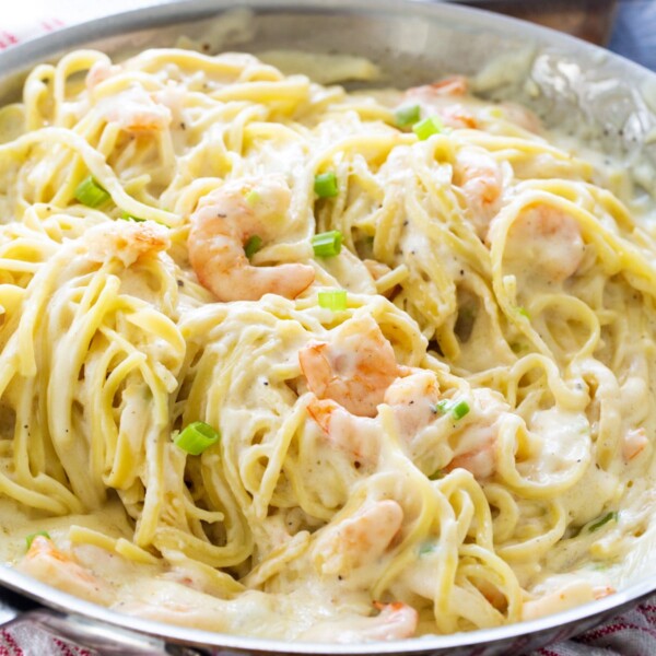 Cheesy Garlic Shrimp Alfredo in a large skillet.