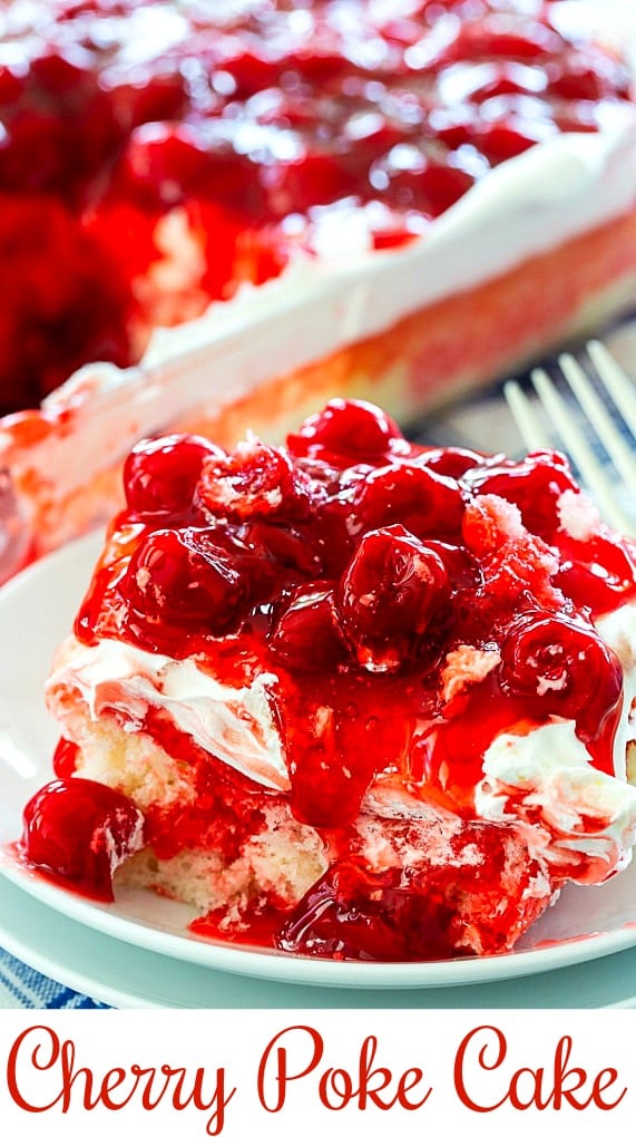 close-up of a slice of Cherry Poke Cake