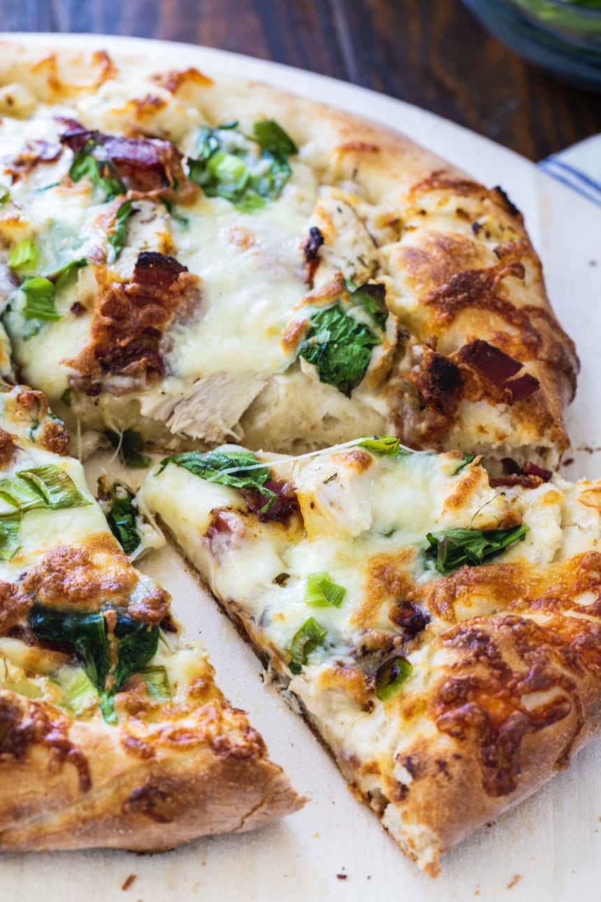 Close-up of Chicken Alfredo Pizza .