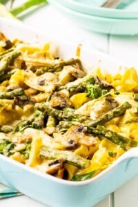 Chicken and Asparagus Casserole in a baking dish.