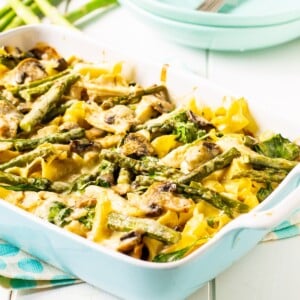 Chicken and Asparagus Casserole in a baking dish.