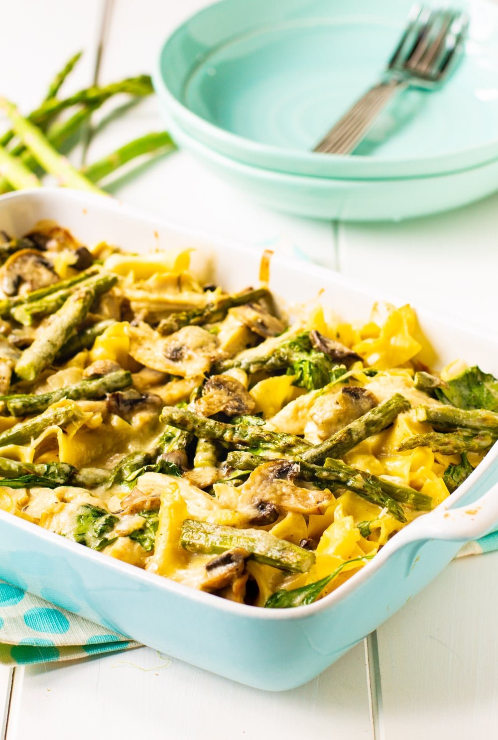 Chicken Casserole with asparagus in a baking dish.