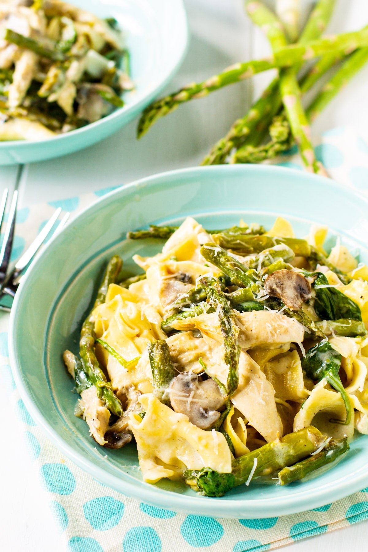 Serving of Chicken and Asparagus Casserole in a shallow bowl.