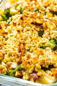 Chicken Broccoli & Ziti Casserole in a baking dish.