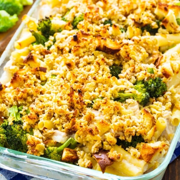 Chicken Broccoli & Ziti Casserole in a baking dish.