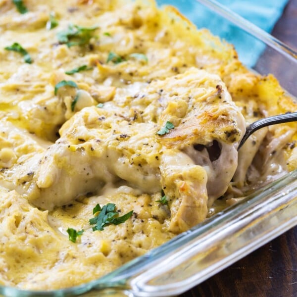 Chicken and Dumpling Casserole in a baking dish.