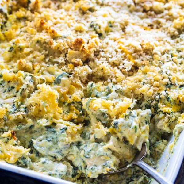 Chicken Florentine Casserole in a baking dish.