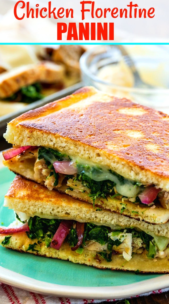 Close-up of Chicken Florentine Panini on a plate.