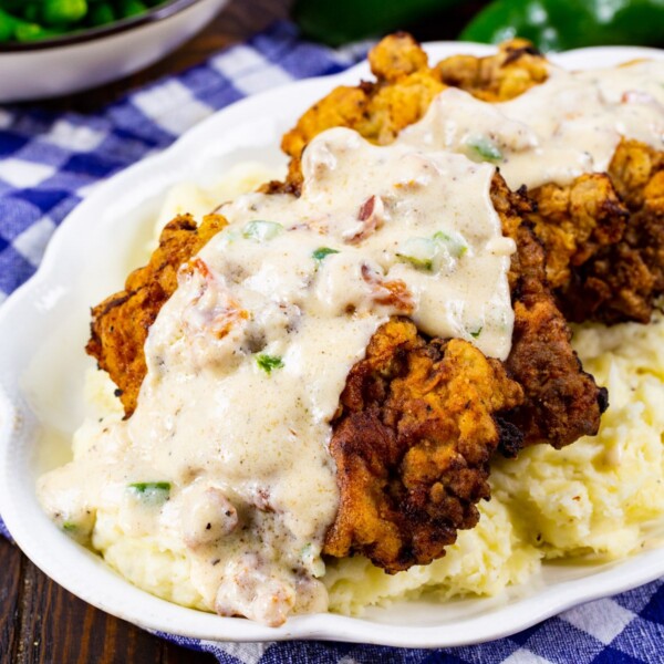 Chicken Fried Steak with Jalapeno Bacon Gravy over mashed potatoes.