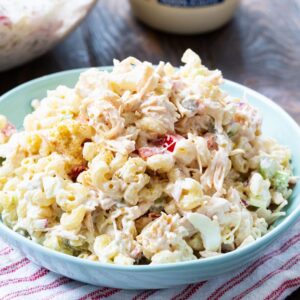 Chicken Macaroni Salad in a light blue serving bowl