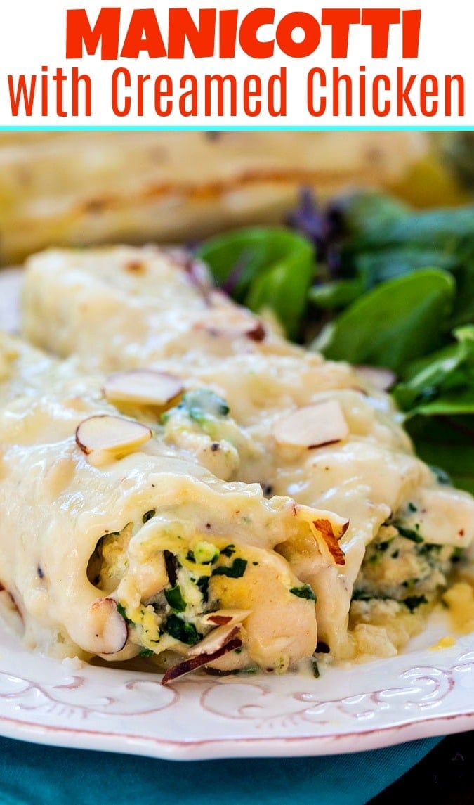 Manicotti with Creamed Chicken on a white plate