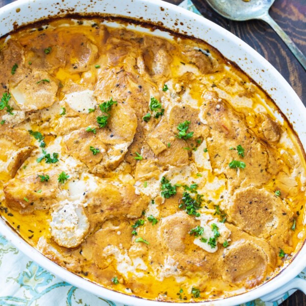 Chicken Paprikash in a casserole dish.