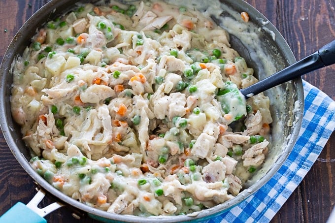 chicken pot pie filling in a skillet