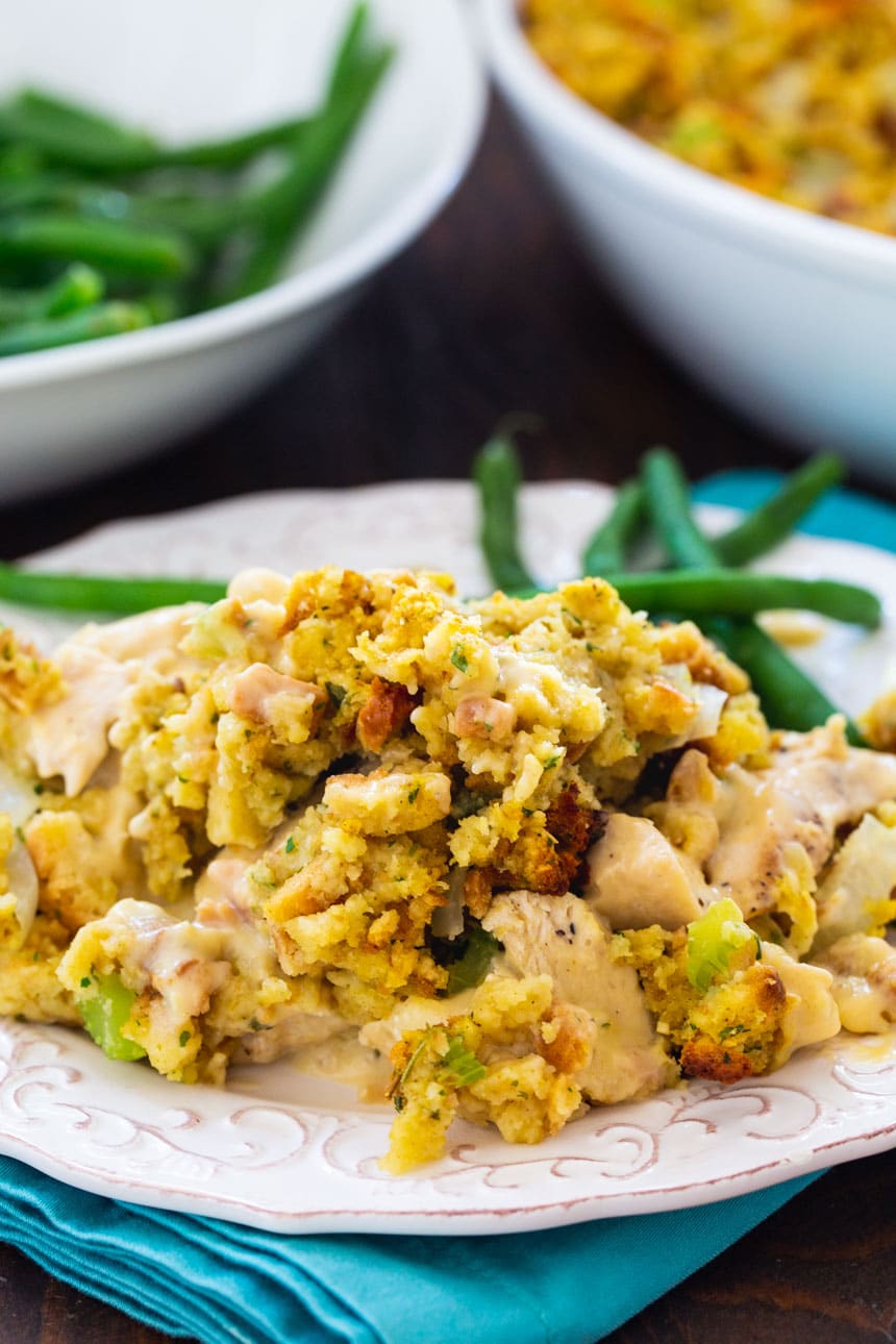 So Easy Chicken Stuffing Casserole on a plate with green beans.