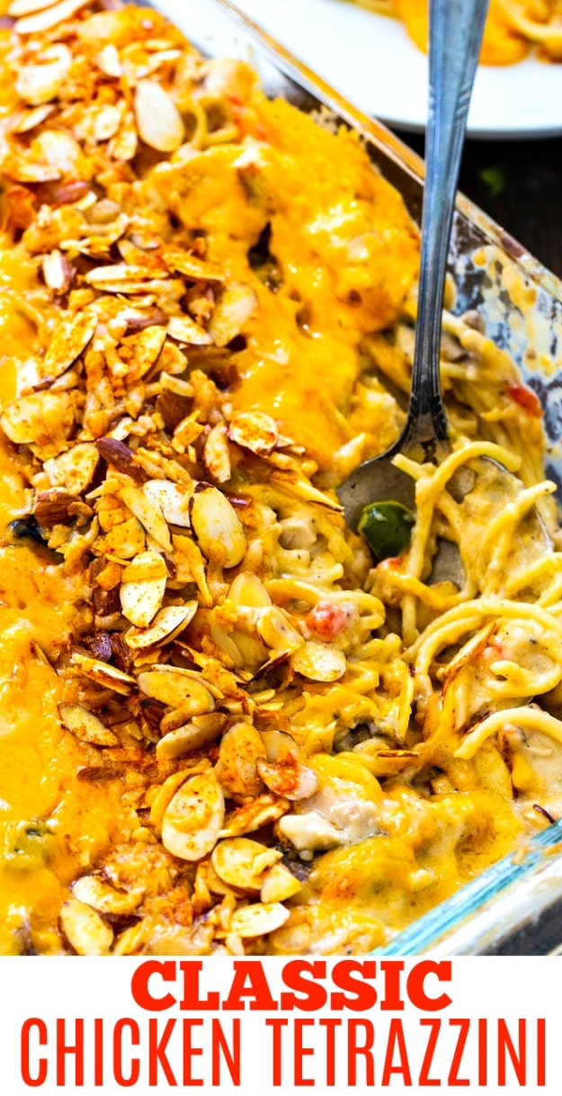 Close-up of casserole with text overlay "Classic Chicken Tetrazzini"