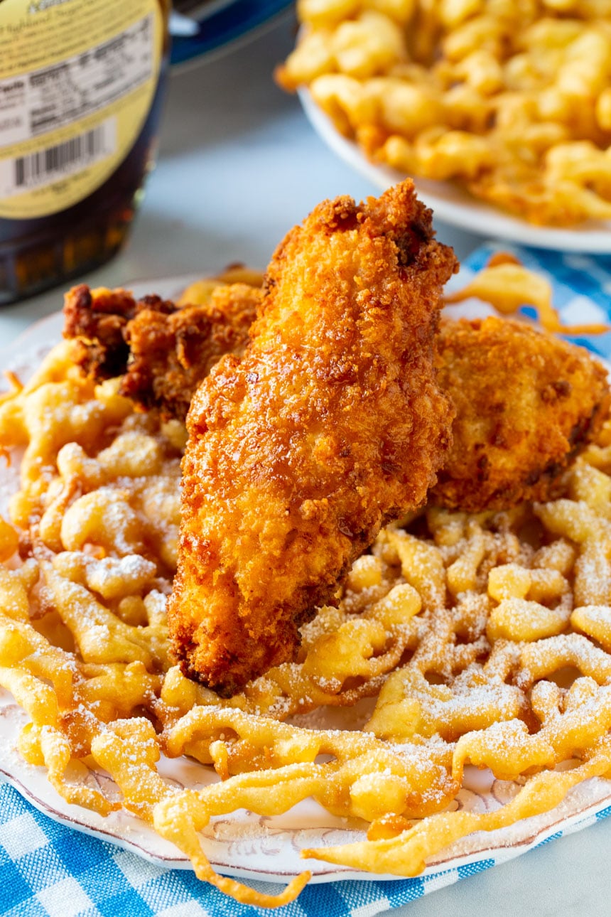 Fried chicken on a funnel cakes