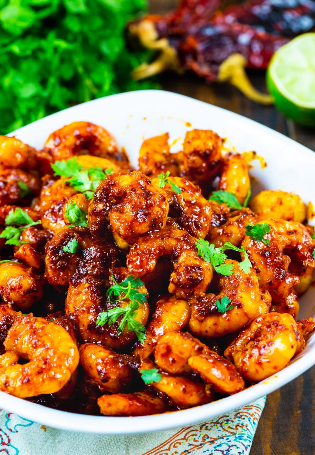 Chile and Garlic Shrimp in a white serving bowl.