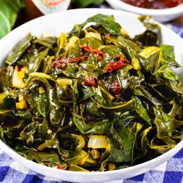 Chipotle Collard Greens in a white bowl.