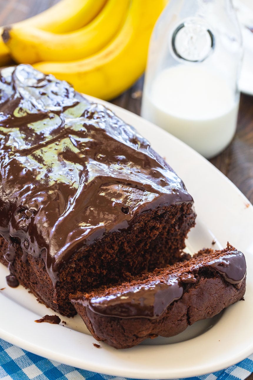 Chocolate Banana Bread on a white serving platter
