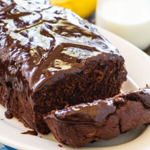 Chocolate Banana Bread on a white serving platter