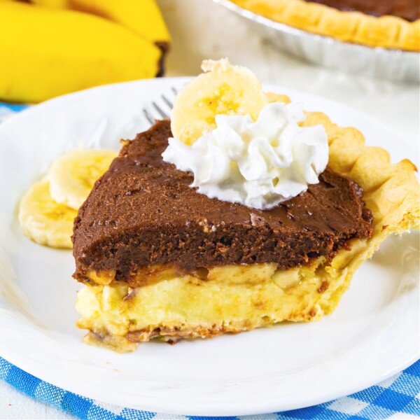 Slice of Chocolate Banana Cream Pie on a plate.