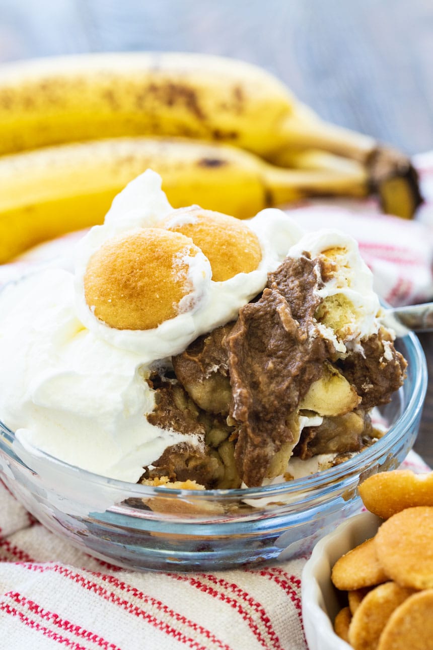 Banana Pudding with chocolate pudding in a small bowl.