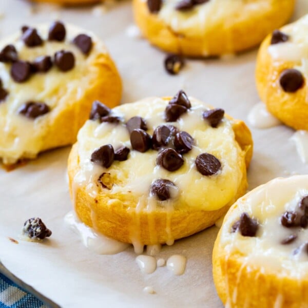 Chocolate Chip Cream Cheese Danishes on baking sheet.