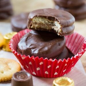 Chocolate Covered Ritz Crackers stuffed with Rolos