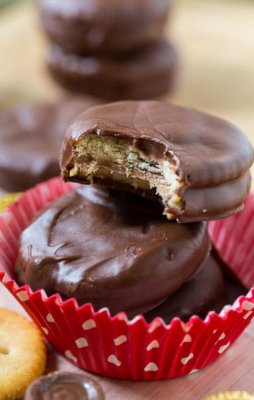 Rolo Stuffed Ritz Crackers covered in milk chocolate. The ultimate sweet and salty snack.