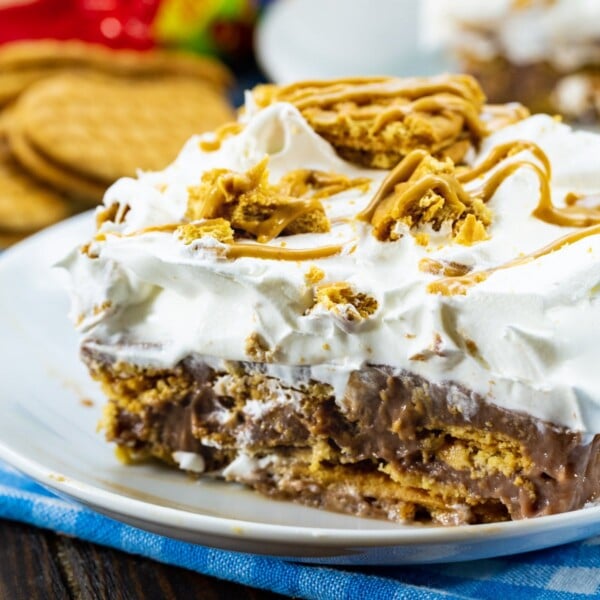 Slice of Nutter Butter Chocolate Icebox Cake on a plate.