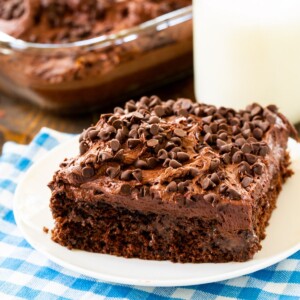 Slice of Chocolate Poke Cake on a plate.