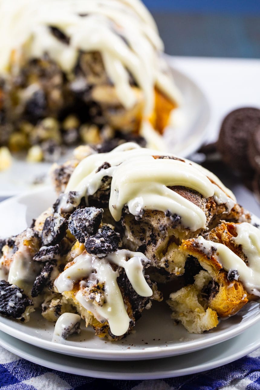 Piece of Cookies and Cream Monkey Bread on a plate
