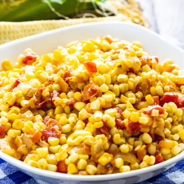 Corn Maque Choux in a serving bowl.