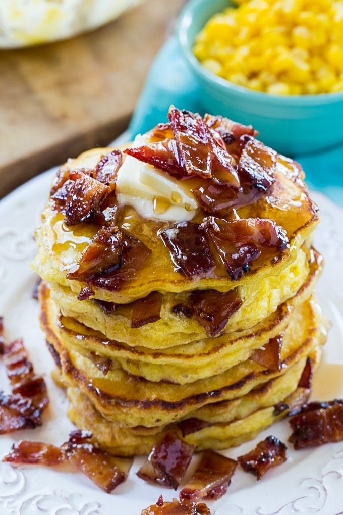 Sweet Corn and Candied Bacon Pancakes