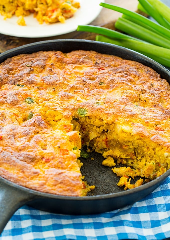 Crawfish Cornbread baked in a cast iron pan