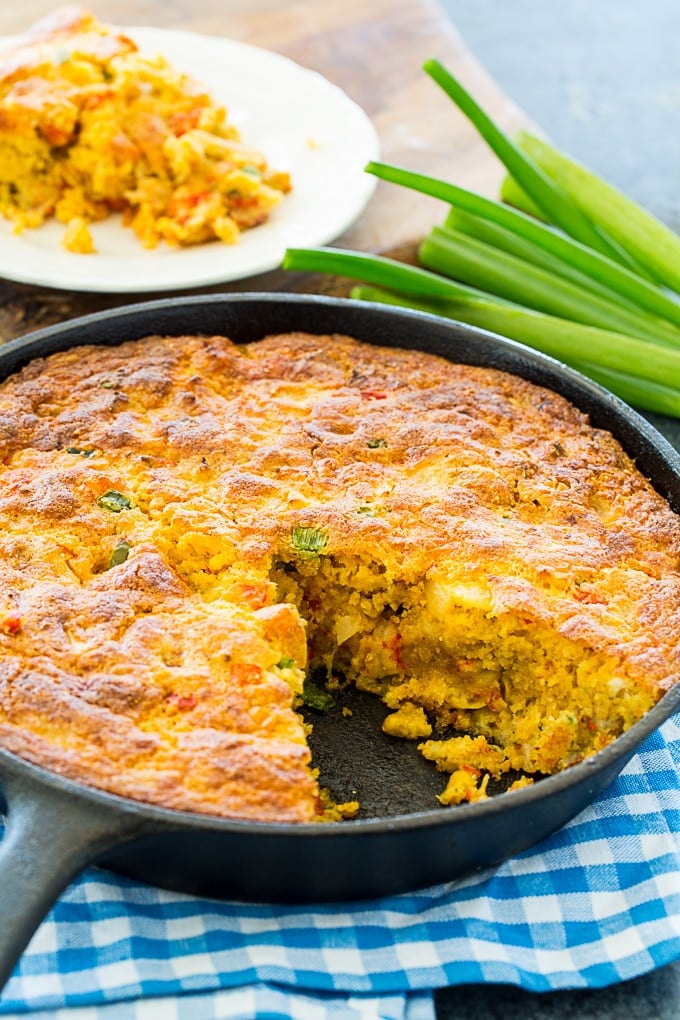 Crawfish Cornbread baked in cast iron skillet