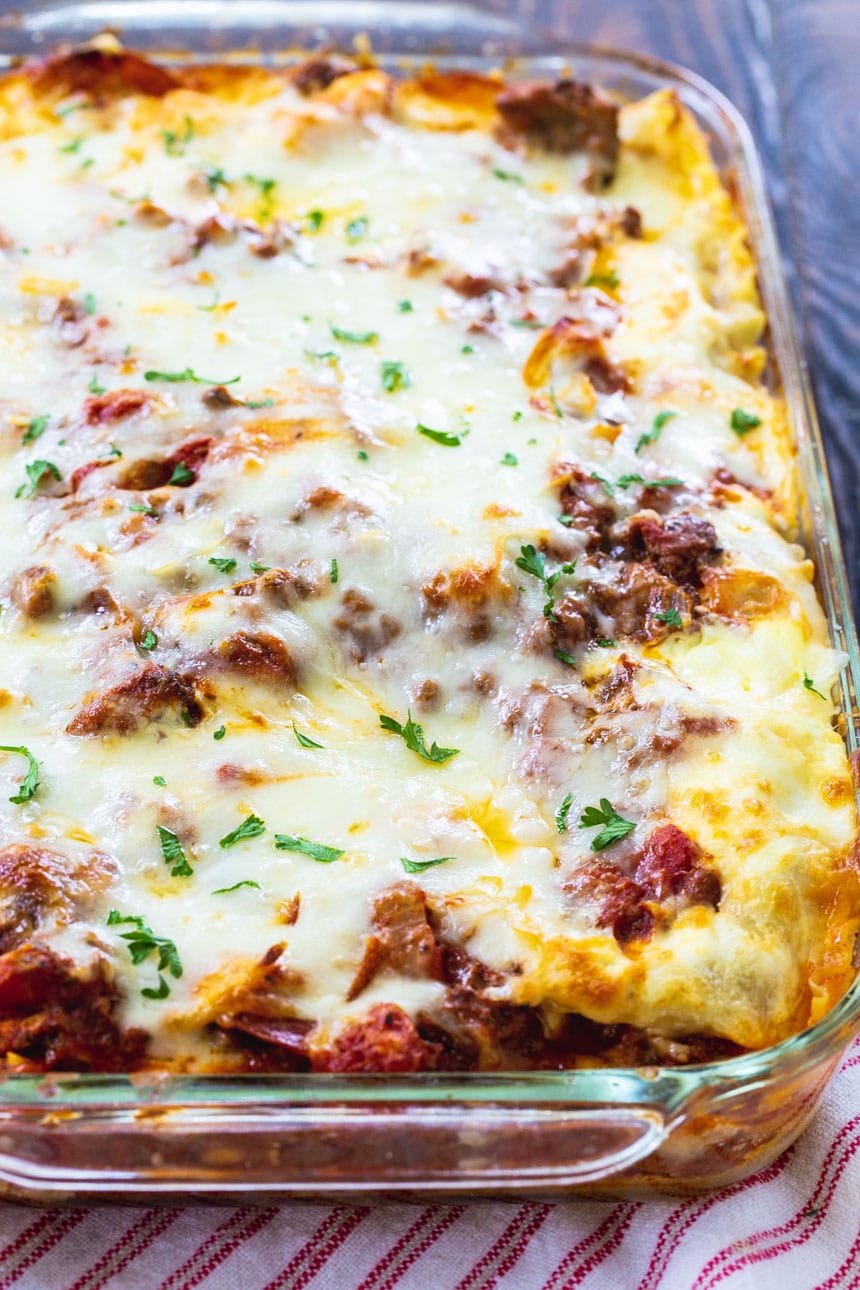 Whole lasagna in baking dish.