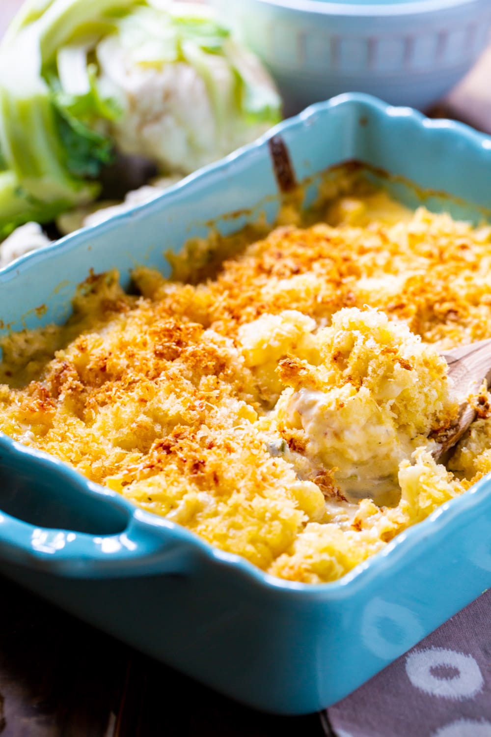 Creamed Cauliflower in blue baking dish.