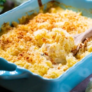 Creamed Cauliflower in a blue baking dish.